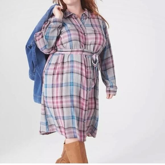 Lane Bryant Gray Pink&Blue Plaid Button Front Shirt Dress Sz.28W NWT - Picture 1 of 16
